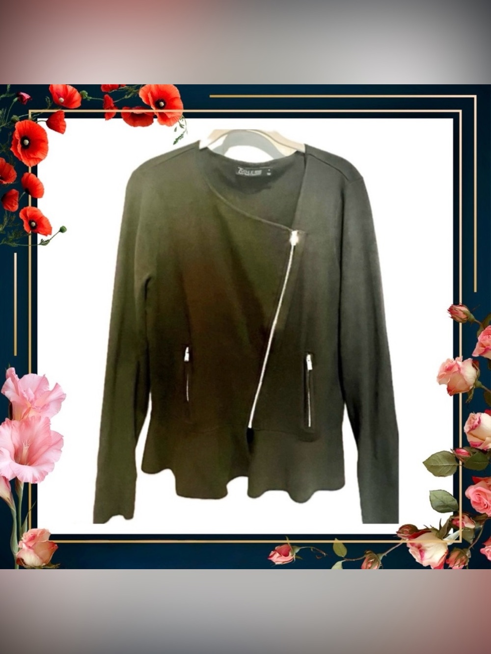 Sweater jacket - New York & Company moto zipper - black - medium - peplum